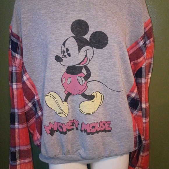 Disney Tops - Disney Gray Sweatshirt with Red Plaid Sleeves and Mickey Graphic